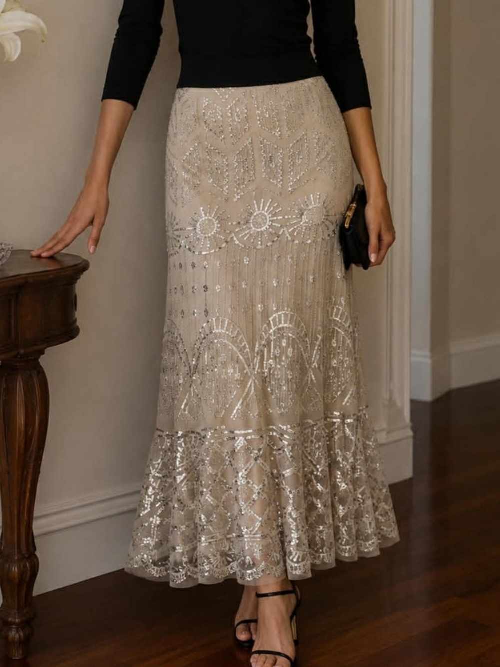 NEW Marciano Beige Sequin Embellished Maxi Skirt size 12